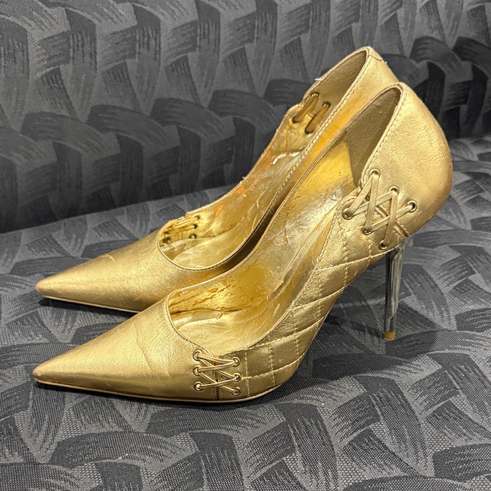 Y2K Gorgeous Sexy Gold Quilted Pointed-Toe Stiletto Pumps